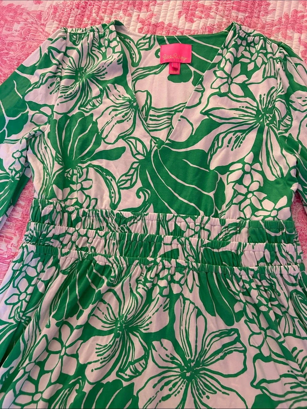 Lilly Pulitzer Green and White Floral Dress with Pink Label